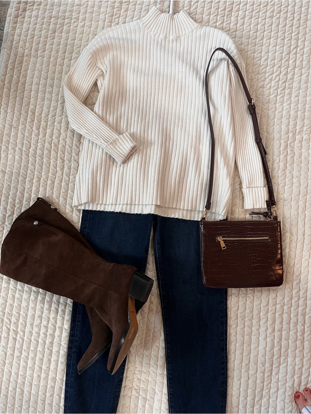 LOFT Cream Ribbed Mock Neck Sweater